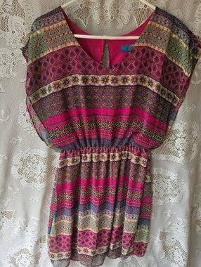 Buttons Multicolor Patterned Mini Dress in Fuchsia and Purple